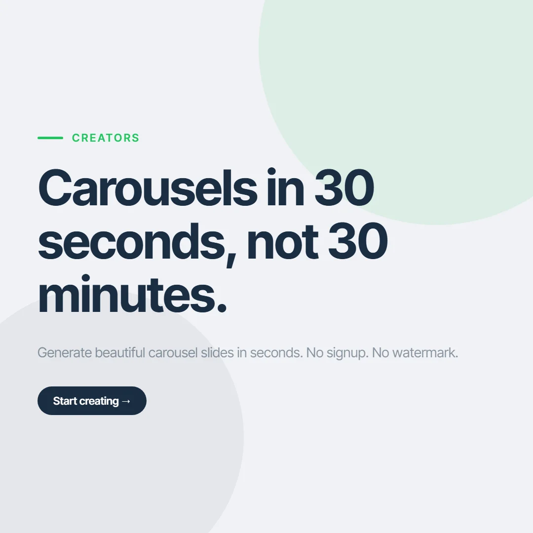 A bold carousel cover slide that reads Carousels in 30 seconds, not 30 minutes
