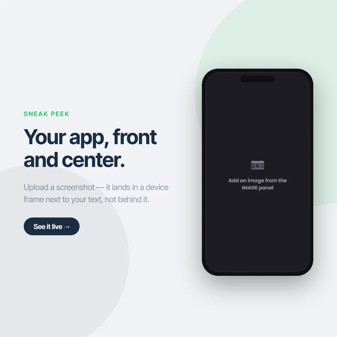 A product showcase slide with an app screenshot in a device frame